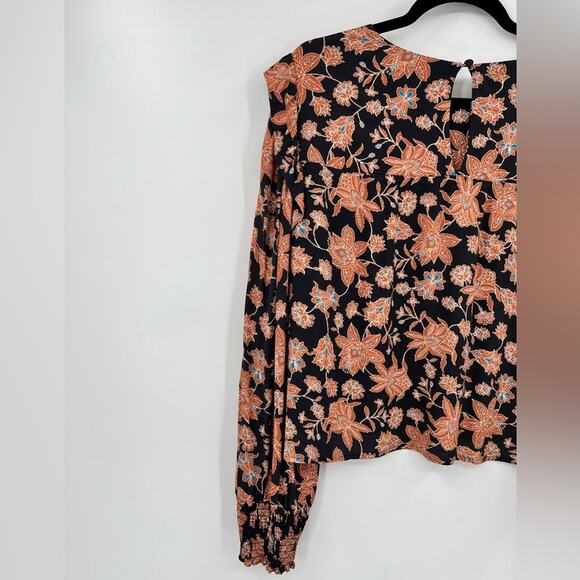Rebecca Minkoff Floral Blouse Top Ruffle Shoulder Smocked Sleeve Flower Large - Picture 9 of 12
